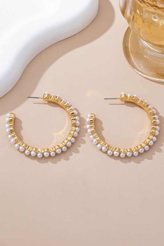 Pearl Embellished Gold Hoop Earrings