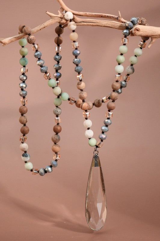 Natural Stone Beaded Necklace with Crystal Pendant