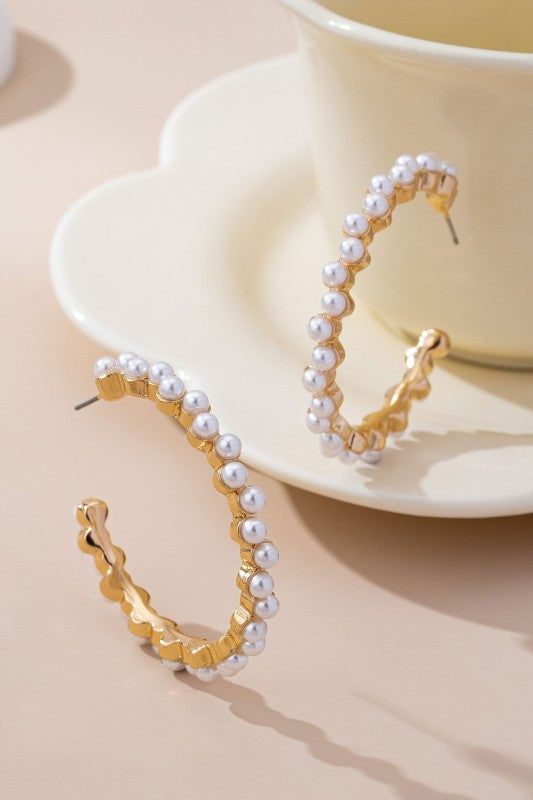 Pearl Embellished Gold Hoop Earrings