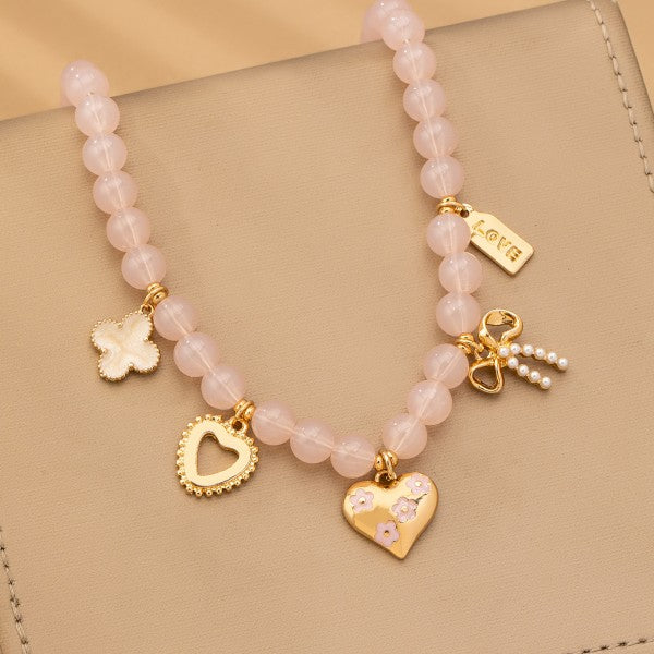 Beaded Charm Necklace-heart Bow Clover