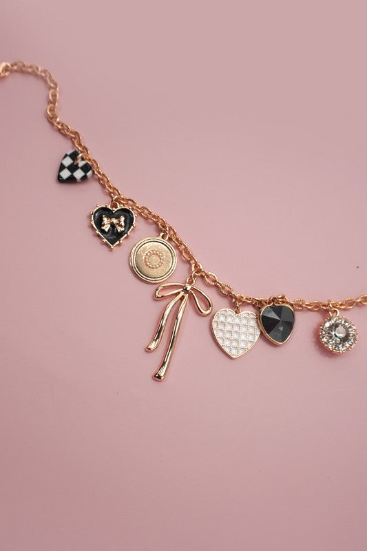 Charm Necklace-bow Checker Heart Rhinestone