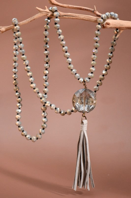 Glass Crystal Pendant Beaded Necklace with Tassels