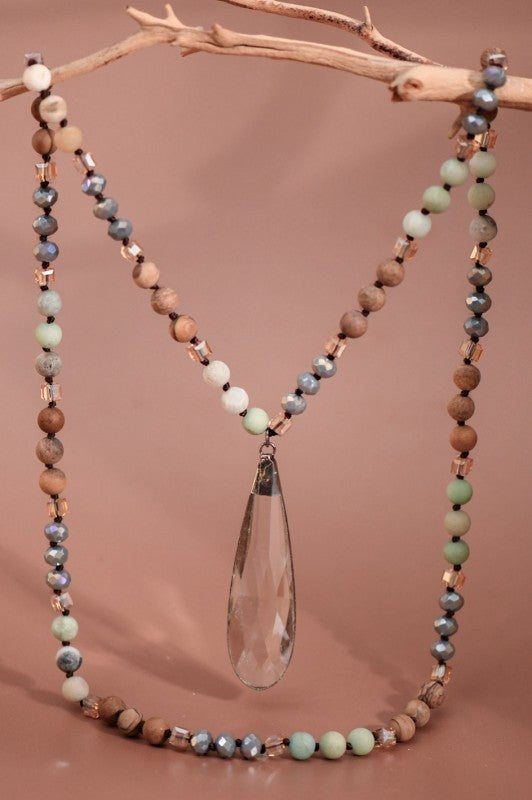 Natural Stone Beaded Necklace with Crystal Pendant