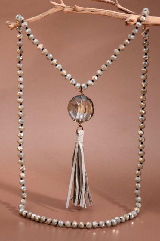Glass Crystal Pendant Beaded Necklace with Tassels