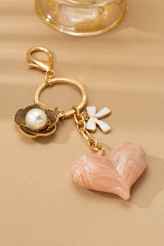 Bag Charm Key Chain-swirl Heart Peral Floral Bow