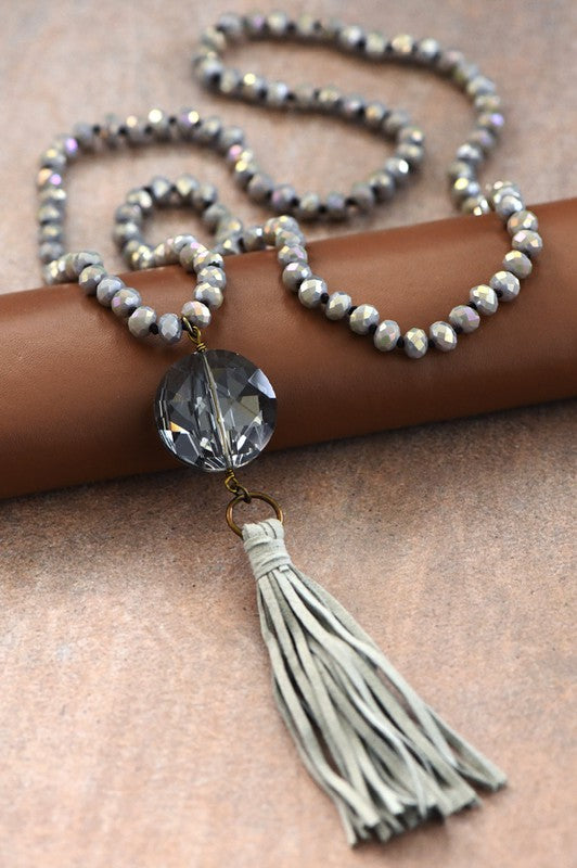 Glass Crystal Pendant Beaded Necklace with Tassels