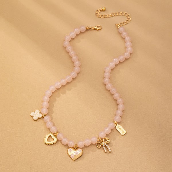 Beaded Charm Necklace-heart Bow Clover
