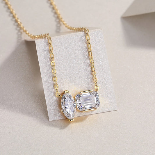Double Diamond Shadow - Set With Two Octagonal Horse Eye Moissanite S925 Sterling Silver And Gold-plated Pendant Necklace